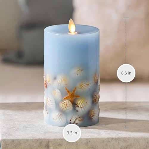 Image of Luminara Flameless LED Candle Soft Chambray Embedded Seashell & Starfish Moving Flame Pillar Unscented Real Wax with Recessed Edge (6.5-inch)