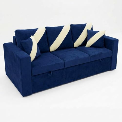 Image of FURNY Trivia 4 Seater LHS Lounger Sofa Cum Bed (Dark Blue) with Pull-Out Function | Luxury Velvet Suede Finish | Durable Comfort | Ideal for Living Room
