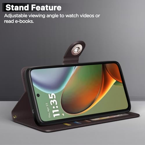Image of Pikkme Flip Cover Leather Finish | Inside TPU with Card Pockets | Wallet Stand and Shock Proof | Complete Protection Button Flip Case for Moto G05(Coffee)
