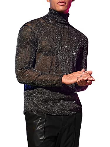 WDIRARA Men's Glitter Mesh Sheer Turtle Neck Long Sleeve See Throught Tee Tops Partywear