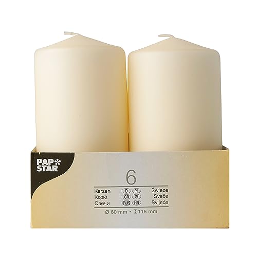 Papstar 17991 Pillar Candles Set of 6 (Diameter 60 x 115 mm) Cream