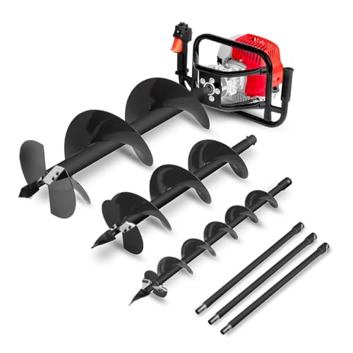 GREENCUT GD750X - Tarière à essence 75cc 5.2hp, moteur 2 temps, trois mèches en acier 100/200/300mm, 3 extensions 60cm, profondeur maximale 280cm