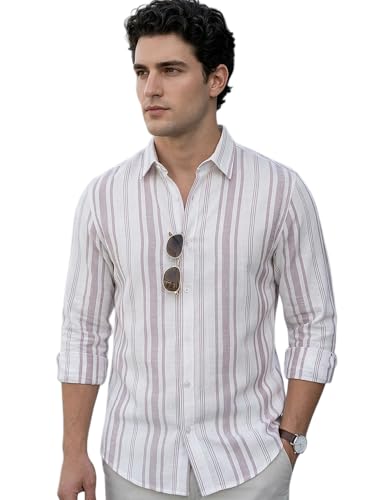Image of Urbano Fashion Men's Cotton Full Sleeve Relaxed Fit Linen Striped Shirt with Spread Collar