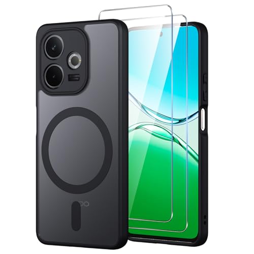 Oelrstfe pour Oppo A5 Pro 4G/5G Coque Compatible avec MagSafe avec 2 Verre Trempé, Magnétique Etui Translucide Mat Arrière Housse, Protection d'objectif Tout Compris Ultra Fine Antichoc Case, Noir