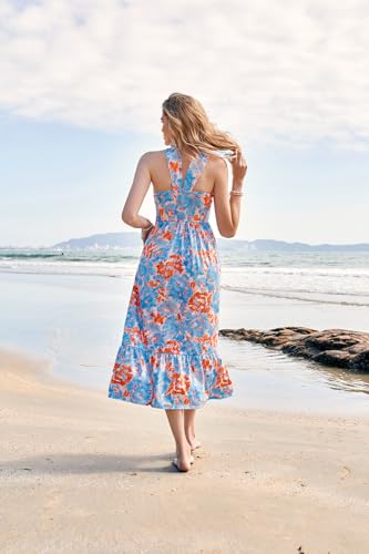 Image of GRACE KARIN Womens Summer Floral Dresses 2026 Boho Maxi Dress Flowy Halter Sundress Casual Vacation Beach Clothes with Pocket
