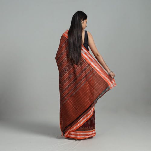 Image of ODISHAHANDLOOM Sambalpuri Pure Cotton Handloom Saree, Traditional Ikat Pattern, Red and Green, Without Blouse