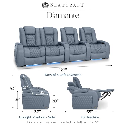 Image of Seatcraft Diamante Smokey Blue Italian Leather Home Theater Seating, Zero Gravity Power Recliner, Gaming and Home Office Chair, Powered Headrest Furniture for Cinema Room, Row of 4 Left Loveseats