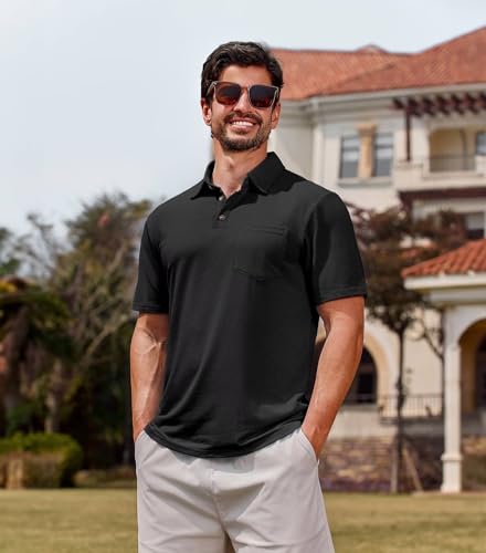 Lexiart Men's Casual Polo Shirt Short Sleeve Classic Golf Shirt Basic Collared Pocket Tops3