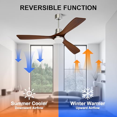 Image of Obabala 52 Inch Ceiling Fans with Lights and Remote Control-Outdoor Ceiling Fan Walnut Wood 3 Blade for Bedroom Living Room Indoor Farmhouse Patio, Reversible Noiseless DC Motor