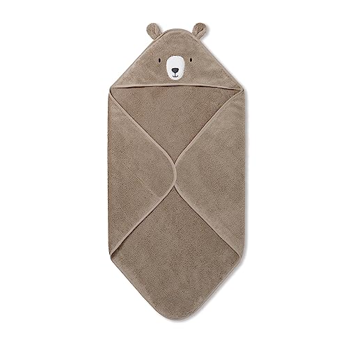 Image of MORI Baby Hooded Bath Towel with Bear Design in Taupe - Unisex Soft Cotton Wrap Cloth for Infants and Newborns - 30 x 30 inch