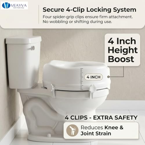 Image of Veayva Commode Raiser 4 Inch with 4 Clips - Raised Toilet Seat for Adults, Seniors & Patients | Toilet Height Raiser for Western Commode | Portable Toilet Seat Extension for Elderly & Disabled