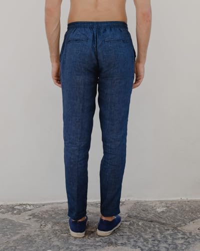 Men's Linen Pants, Capri Blue, S-XXL, Italian Luxury, Mid-Rise, Relaxed Fit, Straight Leg, 100% Pure Linen by Albini 1876, Elasticated Back2