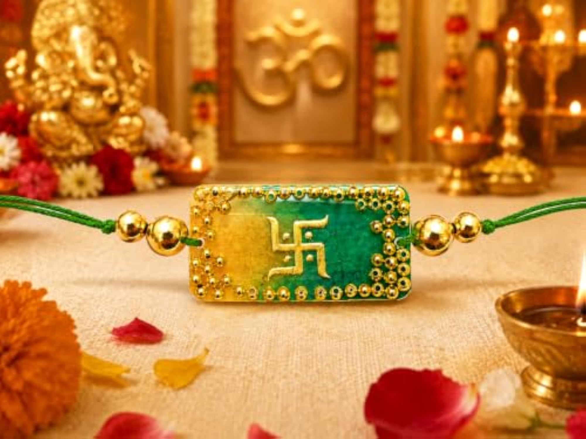 Swastik Rakhi with Green Thread and Gold Beads, Raksha Bandhan Gift