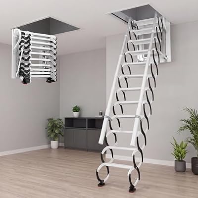 12 Step Wall Mounted Attic Ladder, Pull Down Attic Stairs with Handrails, Retractable Folding Loft Ladder, Heavy Duty Attic Access Stairs for Garage Ceiling, Storage Room & Home Loft Access