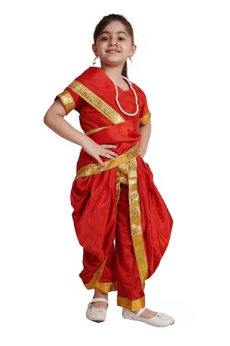 Image of Kaku Fancy Dresses Marathi Girl Lavni Folk Dance Costume with Jewellery for Kids - Red, 10-12 Years