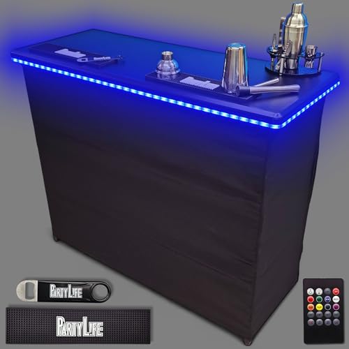 PartyLife Premium Portable Bar Table w/LED Lights, Wireless Remote, Folding Legs, Black Fabric Bar Skirt, 2 Storage Shelves & 2 Carrying Bags | Commercial Grade | Strong & Sturdy - Black