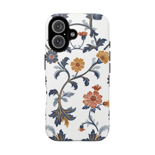 Coque iPhone 16 motif floral rétro bleu et orange coque rigide brillante de protection
