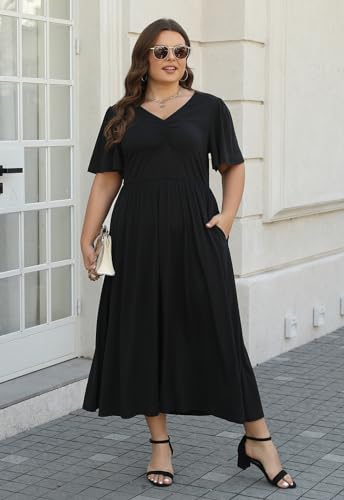 Image of Keluummi Plus Size Maxi Dress for Women Floral Empire Waist V-Neck 3 /4 Sleeve with Pockets
