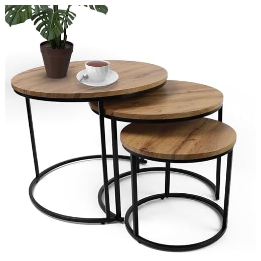 DIVCHI Nesting Coffee Table Set of 3 Round Bedside Tables Modern Wooden Look End Table with Black Metal Base Space Saving Nightstand for Living Room Bedroom & Balcony (Light Oak)