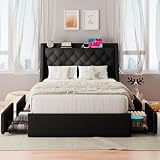 Feonase Twin Bed Frame with 4 Storage Drawers, Upholstered Storage Bed with Charging Station, Large Wingback Headboard, No Box Spring Needed, Easy Assembly, Black
