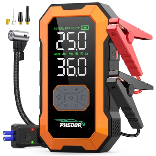 8000A Arrancador de Baterias de Coche con Compresor de Air, 25000mah 150PSI Arrancador de Coches (hasta Todo Gas o Diésel de 10,0L), 12V Jump Starter con luz LED, Naranja