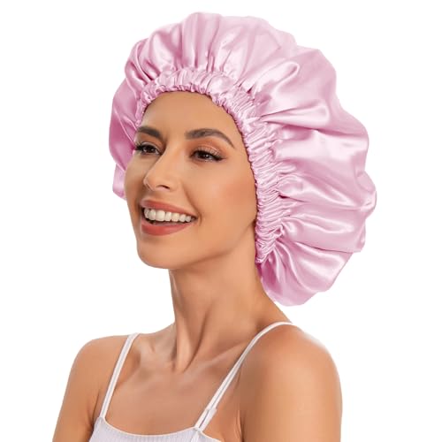 Edoneery Satin Bonnet Silk Hair Bonnet for Sleeping - Slouchy Beanie Hat Satin Sleep Cap for Women's Natural & Curly Hair (Dark Pink)