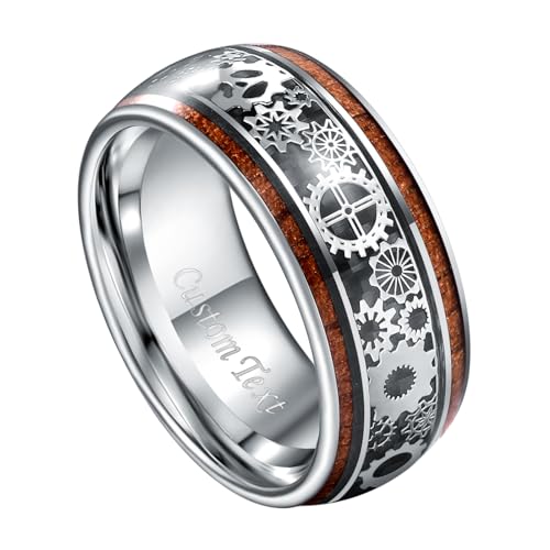 Image of 10mm Silver /Black Tungsten Rings for Men Steampunk Gear Inlay Size 7-14