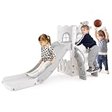GOPLUS 6 in 1 Kinderrutsche, Kinder Rutsche aus HDPE mit Basketballkorb, Teleskop, Versteck- und Stauraum, Babyrutsche Indoor für Kinder Spielplatz, Rutsche Outdoor ab 1 Jahr (Grau+Weiß)
