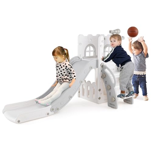 GOPLUS 6 in 1 Kinderrutsche, Kinder Rutsche aus HDPE mit Basketballkorb, Teleskop, Versteck- und Stauraum, Babyrutsche Indoor für Kinder Spielplatz, Rutsche Outdoor ab 1 Jahr (Grau+Weiß)