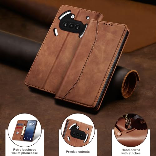 Image of Jasonyu Case for Nothing Phone 3a, PU Leather Wallet Case [Shockproof] [Magnetic] [Card Holder] [Stand Function] Flip Case (Brown)