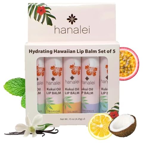 Hanalei Lip Balm and Moisturizer - Natural Kukui Oil, Beeswax Lip Moisturizer - Replenish and Repair Dry, Chapped Lips - Variety Pack (5 Tubes) Cover