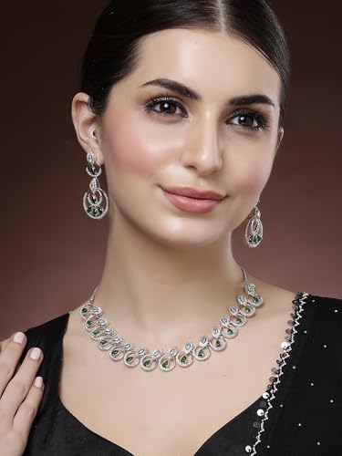 Image of Karatcart Silver Tone Green American Diamond Studded Necklace Set for Women