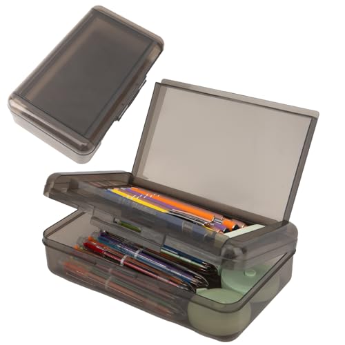 Image of Pencil Case Box, Black Double Layer Large Capacity Plastic Pencil Boxs, Clear Hard Pen Case with Snap-tight Lid,Storage Art Craft Box Marker Organizer for Kids Boys Girls Offices School Supplies