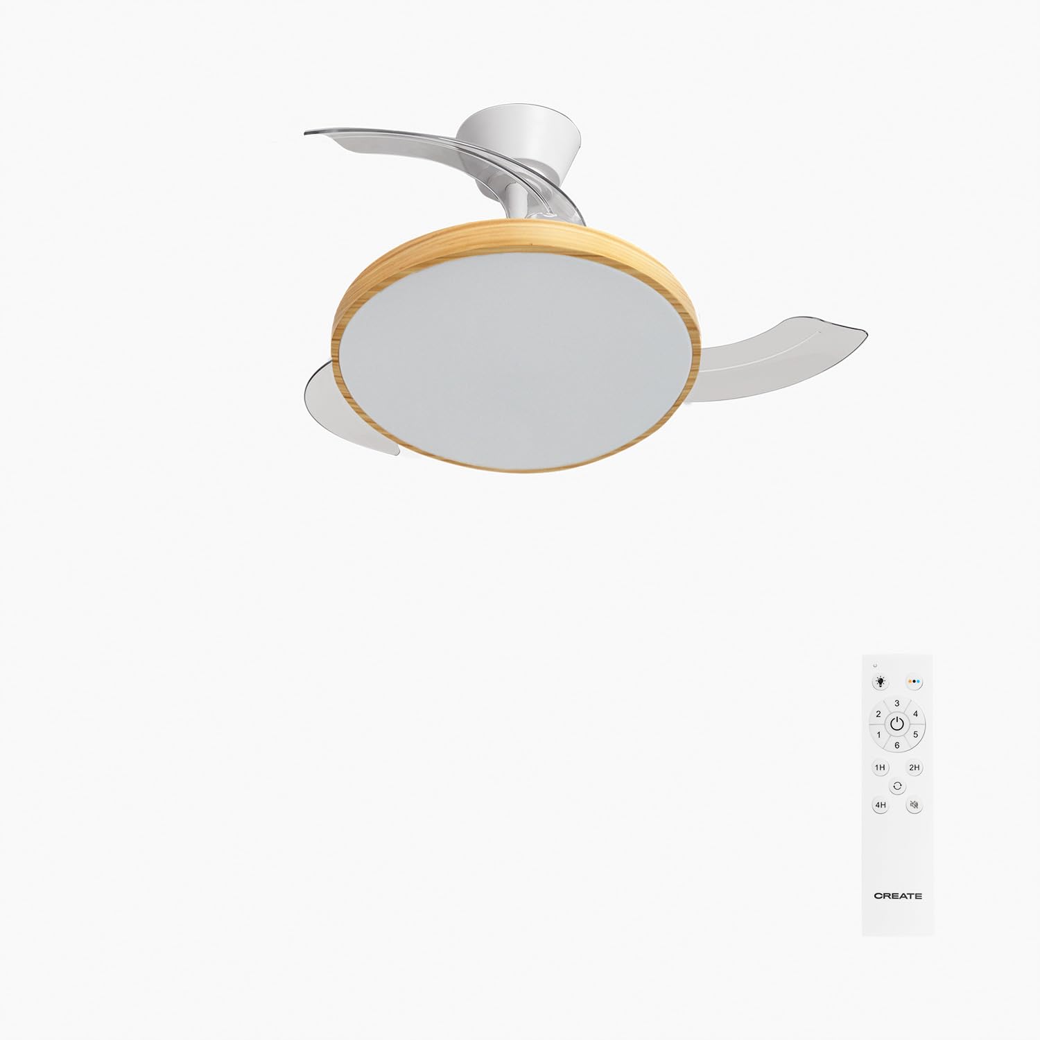 CREATE / WIND CLEAR STUDIO S/​Ventilador de techo con luz blanco y madera clara con mando / 40W, Temporizador, Ø 91 cm, aspas retráctiles, 3 temperaturas de luz, función verano-​invierno