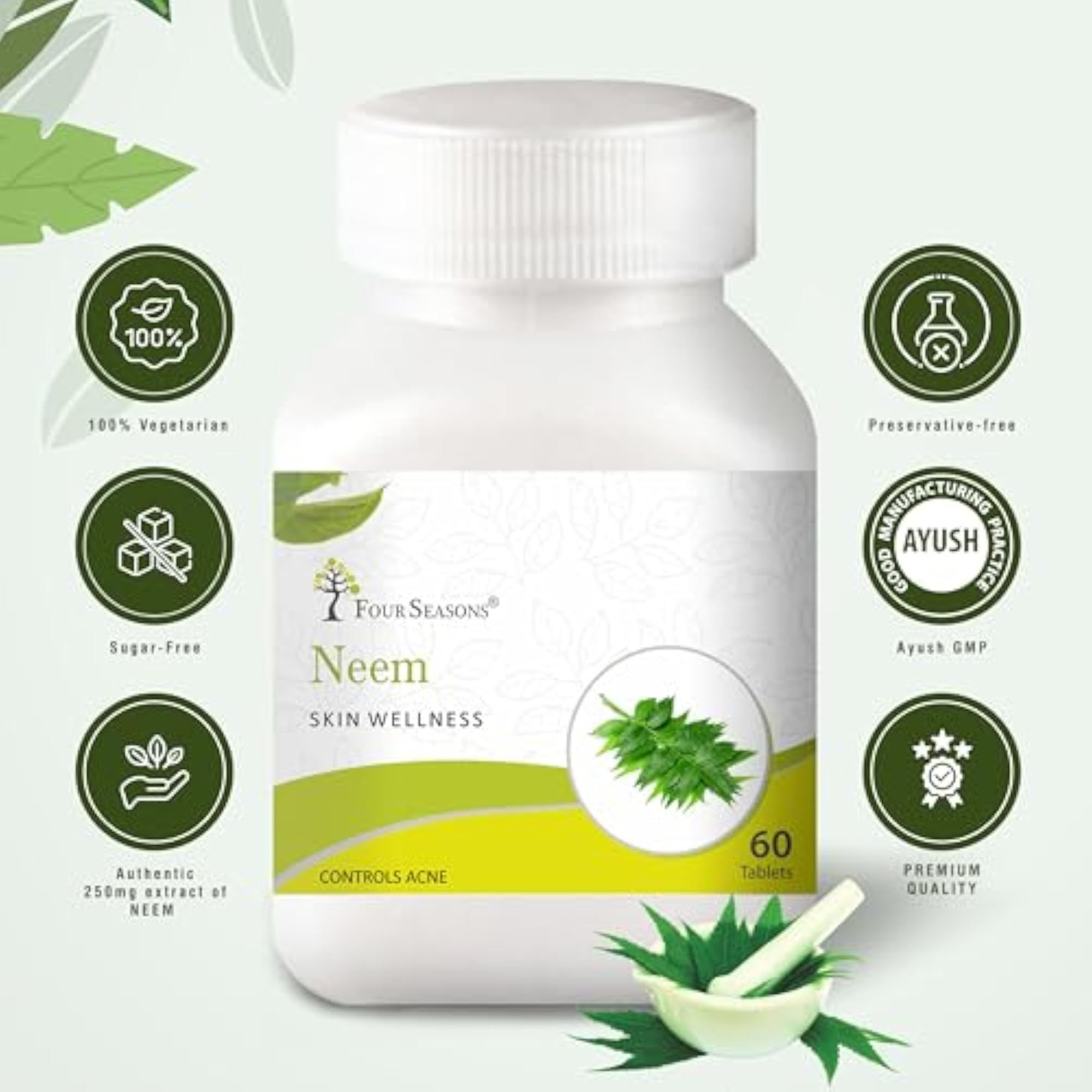 Four Seasons Ayurvedic Neem Tablet, Herbal Supplement (60 Tablets)