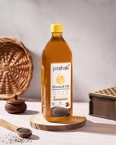 Image of Poshak Cold Pressed Mustard Oil 1L | Wood Pressed | Kachi Ghani /Kolhu /Chekku | Unrefined & Chemical-Free | Pure & Natural Healthy Mustard Cooking Oil | Ideal for All Types of Cooking (Black Mustard)