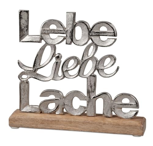 formano Schriftzug Lebe Liebe Lache Aluminium Mangoholz 24 cm Tischdeko Silber