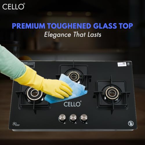 Image of Cello Classic Plus 3 Burner Gas Stove | Glass Hob Top Cooktop with Brass Burners | 8mm Toughened Glass | ISI Certified | Manual Ignition | Flame Guard Pan Supports | Premium Black