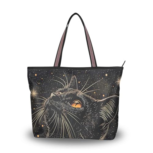 Mnsruu Sac à main fourre-tout pour femme avec fermeture éclair Motif chat étoilé Noir Taille L, multicolore, Large