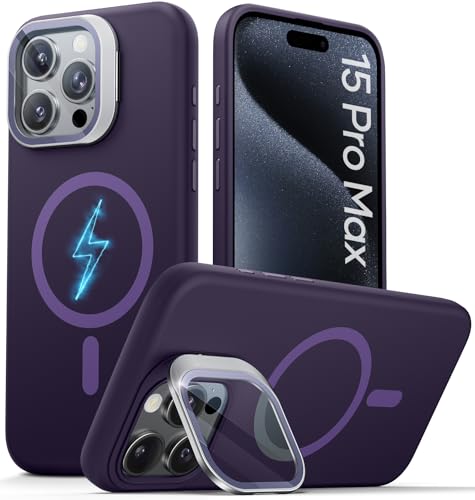 Image of Vihibii for iPhone 15 Pro Max Case, [Compatible with MagSafe], Built-in Transparent Lens Cover & Camera Stand, Full-Body Shockproof Soft Silicone Rubber Phone Cover with Microfiber Lining, Purple