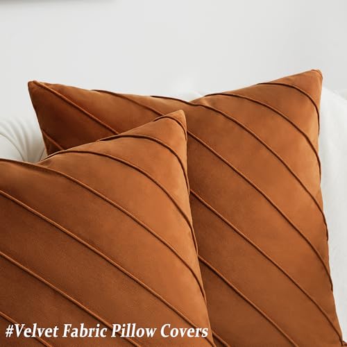 Image of GIGIZAZA Decorative Velvet Pillow Covers 16x16, Set of 2 Burnt Orange Sofa Couch Throw Pillows Covers Cases, Living Room Square Cushion Accent Stripe Covers