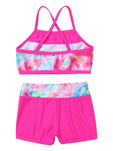 Moily Kids Girls Mermaid 2 Pcs Tankini Metallic Criss Cross Back Crop Top with Booty Shorts Dance/Party Set4