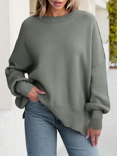 Image of ANRABESS Women Oversized Sweaters Batwing Long Sleeve 2026 Fall Outfits Crewneck Casual Knit Side Slit Fashion Pullover Top