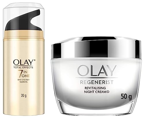 Image of Olay Day Cream Total Effects 7 in 1, Anti-Ageing Moisturiser, 20g & Olay Night Cream Regenerist Deep Hydration Light Cream, 50g