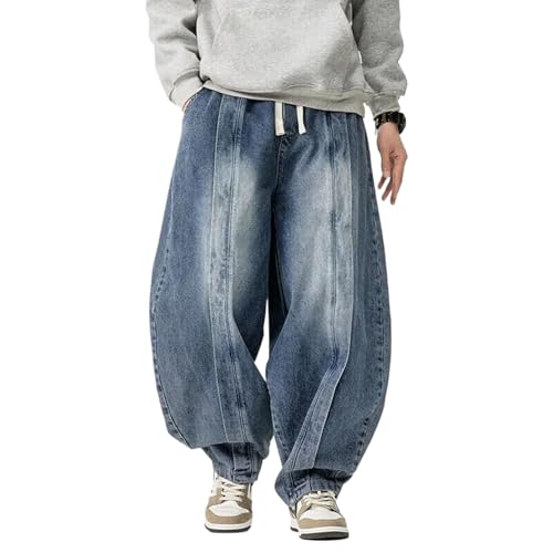 Vintage Harem Pants Men Loose Hip Hop Denim Wide Leg Pants Mens Straight Jeans Elastic Waist Trousers
