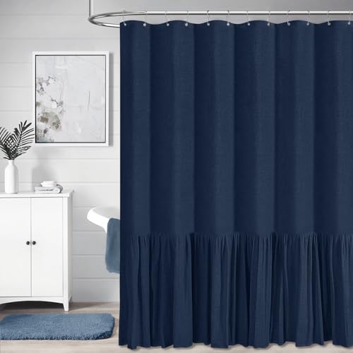 BTTN 78 Inch Long Shower Curtain - Farmhouse Thick Fabric Linen Shower Curtain Set with 12 Plastic Hooks, Tall Rustic Country Cloth Shower Curtains for Bathroom with Ruffle Hem - Navy Blue - 72x78 by BTTN - Used condition - US$22.66