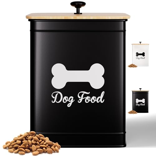 Dog Food Container Airtight 5-7 lb (25 Cup) Capacity - Cute Airtight Dog Food Storage Container with Bamboo Lid & Sturdy Metal Handle - Black Metal Kibble Storage Bin for Dogs up to 50 lbs - Pet Jar
