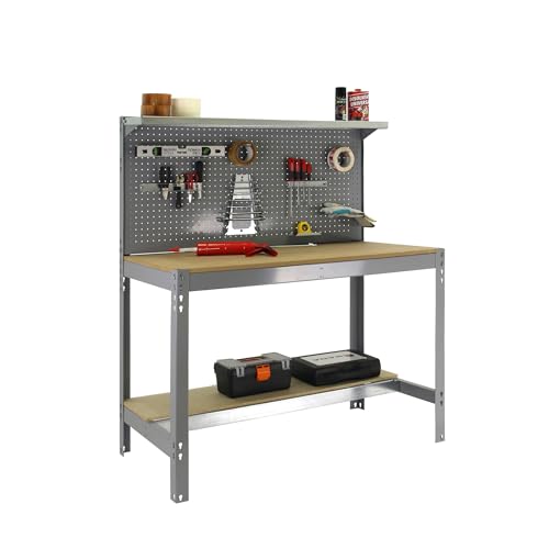 Simon Rack Etabli d’Atelier, Capacité de Charge 400 kg, 1445x910x610 mm, Panneau Perforé avec 1 Étagère, Table de Travail Bricolage, Gris/Bois - BT3