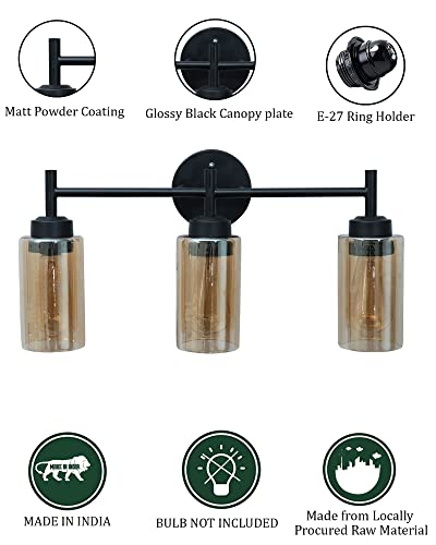 Image of Homesake Black Wall Sconce,Modern Bathroom Wall Light Fixtures 3-Light Bathrooms Vanity Light, Bathroom Lights Over Mirror, Farmhouse Glass (Amber)