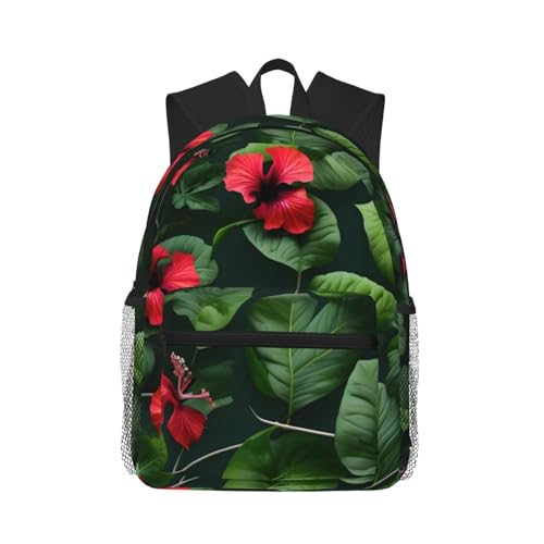 Sac à dos avec poches imprimé fleurs d'hibiscus et végétation noir pour homme et femme